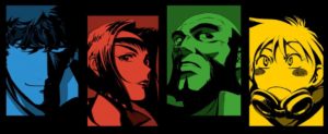 Spike em azul, Fae em vermelho, Jet em verde, Ed em amarelo, compondo uma imagem pop art da gang. Cowboy Bebop, Maratona de Sofá.