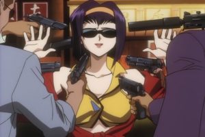 Fae com as mãos para o alto, certada, com sete armas sendo apontadas para ela. Cowboy Bebop, Maratona de Sofá.