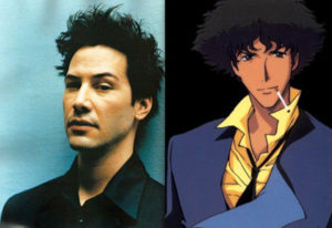 Imagens paralelas de Keanu Reeves e Spike. Relacionadas ao ator ter desejado um dia poder interpretar o personagem caso um live action ocorresse. Cowboy Bebop, Maratona de Sofá.