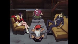 Fae, Spike, Ed e Jet reunidos a bordo da Bebop, todos devidamente sentados conversando. Cowboy Bebop, Maratona de Sofá.