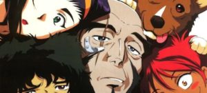 Tripulantes da nave Bebop: Spike, Jet, Fae, Ed e Ein aparecem colados na foto sorrindo. Cowboy Bebop, Maratona de Sofá.