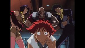 Fae, Jet, Spike e Ed examinam um tabuleiro de xadrez. Cowboy Bebop, Maratona de Sofá.