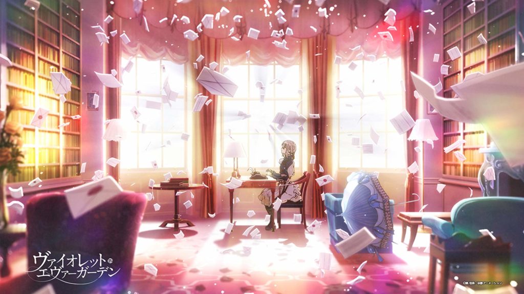 Violet sentada na biblioteca, enquanto uma chuva de cartas acontece ao seu redor. O guarda-chuvas azul está caído no chão e o sol entra pelas janelas. Violet Evergarden, Maratona de Sofá.