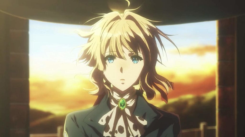 Violet, com o entardecer como moldura. Violet Evergarden, Maratona de Sofá.
