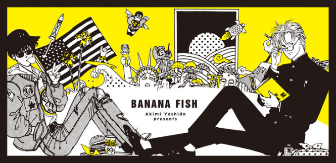 Ash e Eiji sentados em um cartaz promocional do mangá. Banana Fish, Maratona de Sofá.