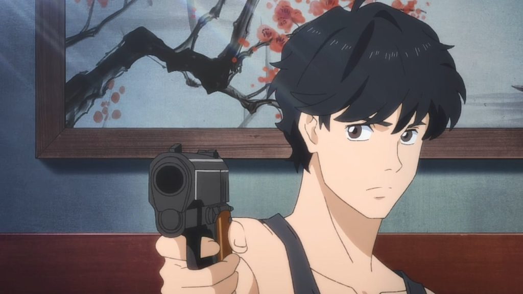 Eiji aponta uma arma com cara de bravo para alguém fora do quadro. Banana Fish, Maratona de Sofá.
