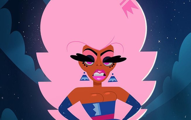 Goldiva, de cabelo rosa, batom rosa, luvas, vestido e brincos azuis aparece na imagem. Super Drags. Maratona de Sofá.