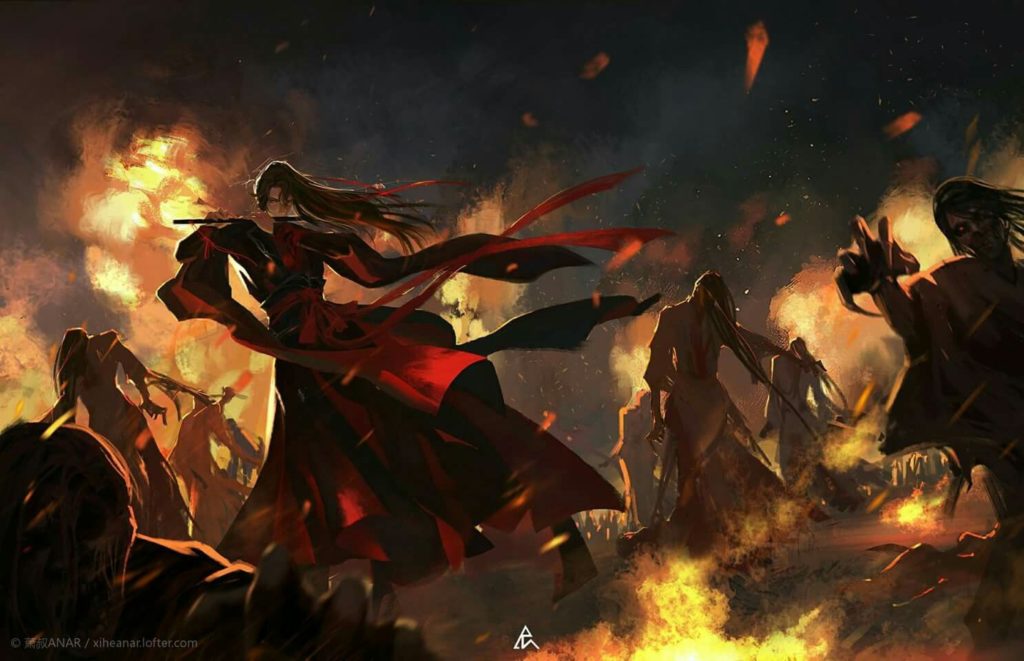 Wei Wuxian encantando os mortos em meio ao um cenário de guerra com sua flauta. Mo Dao Zu Shi. Maratona de Sofá.