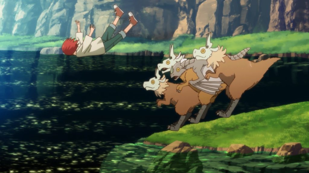Chise cai do dragão e acaba sendo arremessada num lago, e os quatro dragões pequenos assistem temerosos. Mahoutsukai no Yome, Maratona de Sofá.
