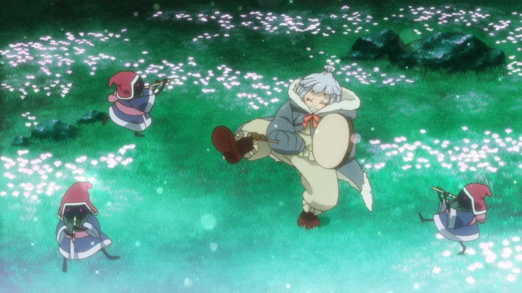 Um selkie e 3 outros bichinhos mágicos não identificados dançando e tocando instrumentos na floresta. Mahoutsukai no Yome, Maratona de Sofá.