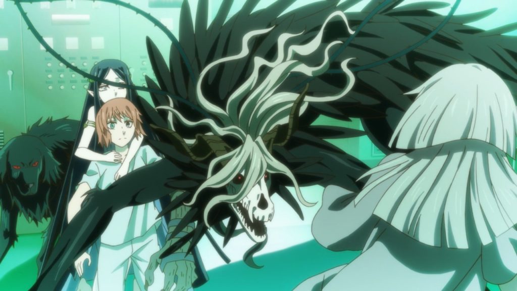 Ruth, Titania, Chise são protegidas por Elias em sua forma gigante, do Carthapilus. Mahoutsukai no Yome, Maratona de Sofá.