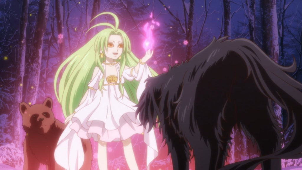 Ruth encontra Titania em sua forma infantil e esta usa magia para ajuda-lo, na imagem um lobo assiste a interação. Mahoutsukai no Yome, Maratona de Sofá.
