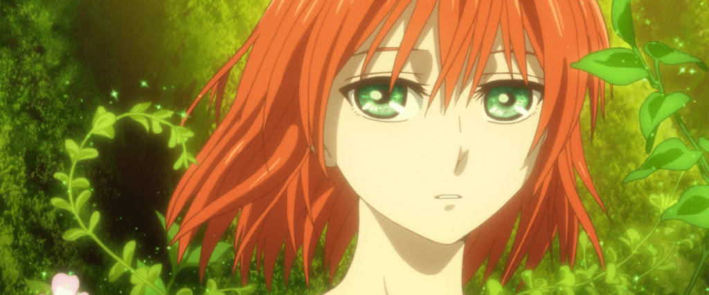 Chise, em meio a floresta. Em destaque seus olhos verdes tristes. Mahoutsukai no Yome, Maratona de Sofá.