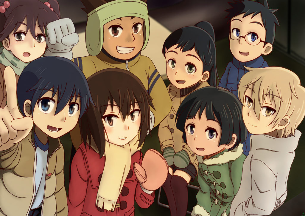 Uma foto tirada no aniversário de Kayo e Satoru, junto dos amigos da escola. Erased. Maratona de Sofá.