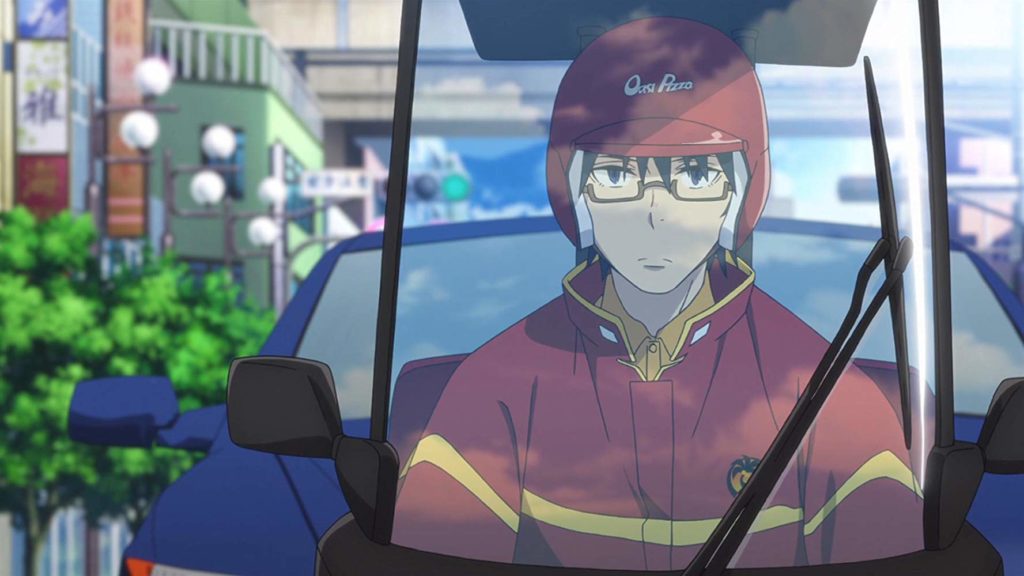 Satoru Fujinima em sua moto de delivery, indo entregar pizzas. Erased. Maratona de Sofá.