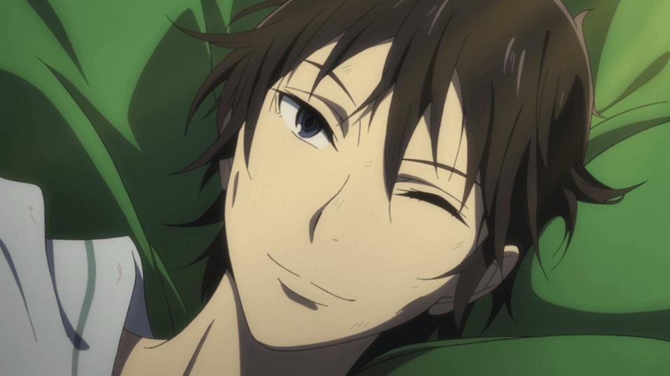 Satoru, deitado em algo verde, piscando o olho com um sorriso irreverente.