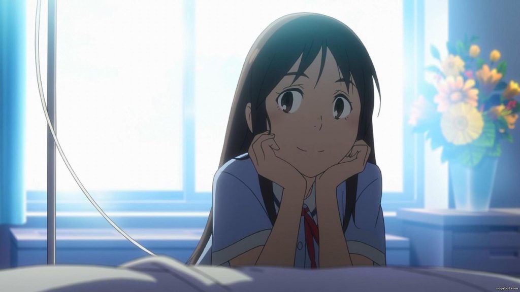 Airi Katagiri, colega de trabalho de Satoru, sentada ao lado de sua cama no hospital. Erased. Maratona de Sofá.
