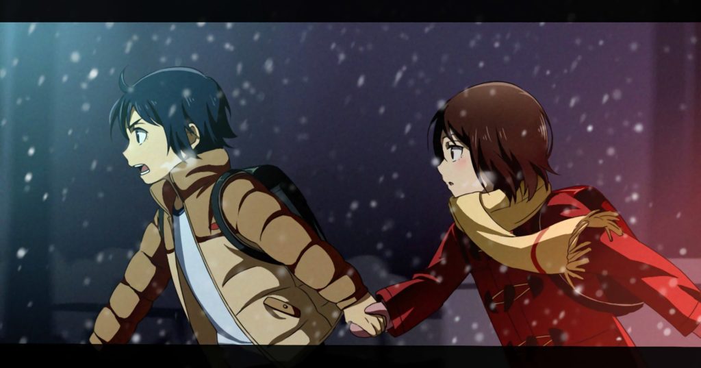 Satoru e Kayo, correndo de mãos dadas na neve. Erased. Maratona de Sofá.