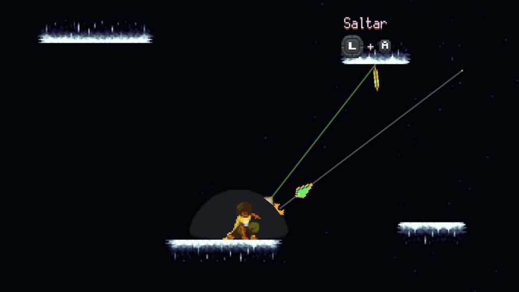 Tela do início do jogo demonstrando a personagem se preparando para saltar entre duas plataformas, num plano escuro. Um campo se forma em volta da personagem, e uma linha guia o jogador para a área onde ele pode conectar o próximo salto.