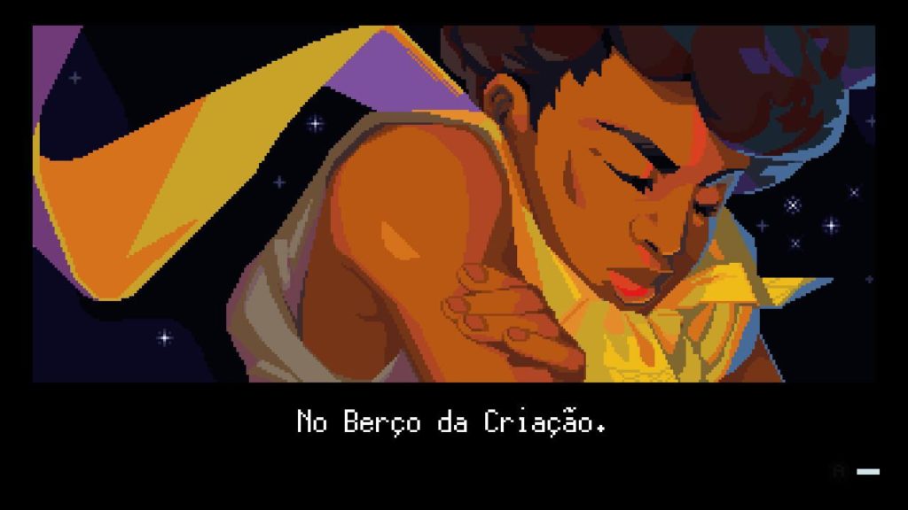 Close do rosto da personagem Dandara de olhos fechados com braços cruzados como se estivesse dormindo, envolta de noite
