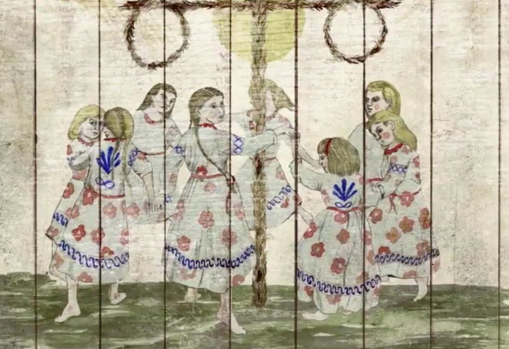 uma ilustração pintada em madeira, mostra várias garotas, usando túnicas brancas com estampas de flores e laços, dançando ao redor de um pilar de madeira