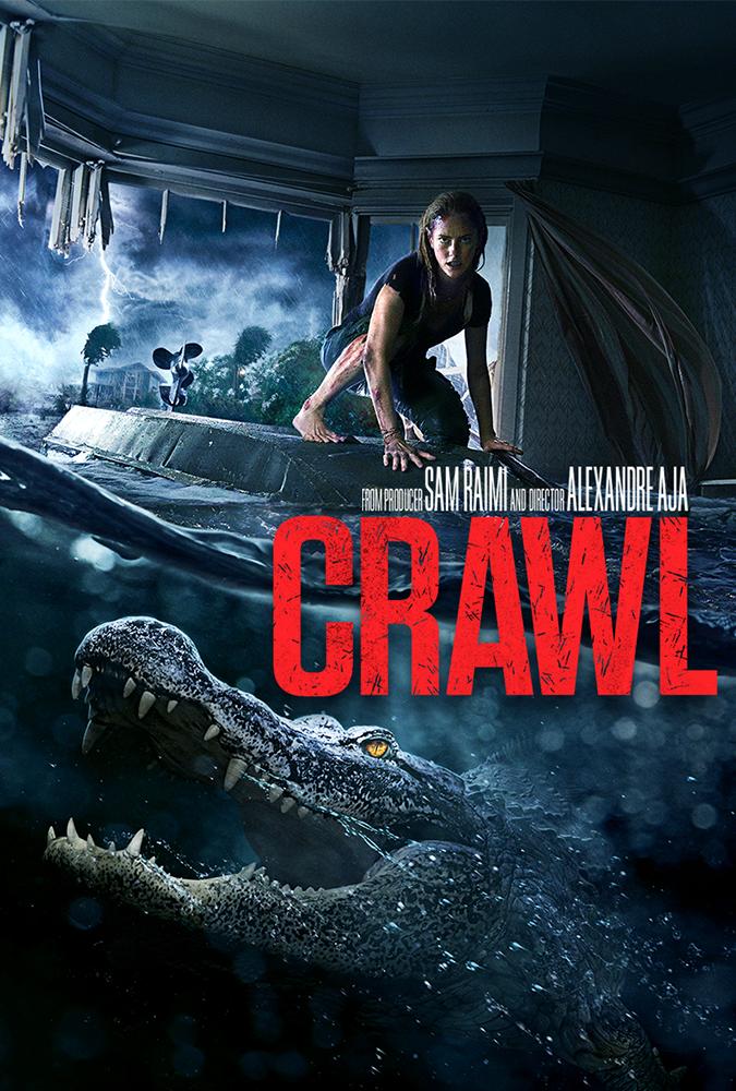 Poster oficial. A água divide a imagem no meio. Acima do nível da água, Haley está em cima de um barco virado, dentro de uma residencia (passando pela janela), com um furacão e uma tempestade visíveis ao fundo, árvores sendo movidas pelo vento. Ela está agachada.
Abaixo do nível da água, um jacaré MUITO grande está de boa aberta, olhando na direção dela. 
Sobre a linha, do lado direito, lê-se "from producer Sam Raimi and director Alexandre Aja, CRAWL"