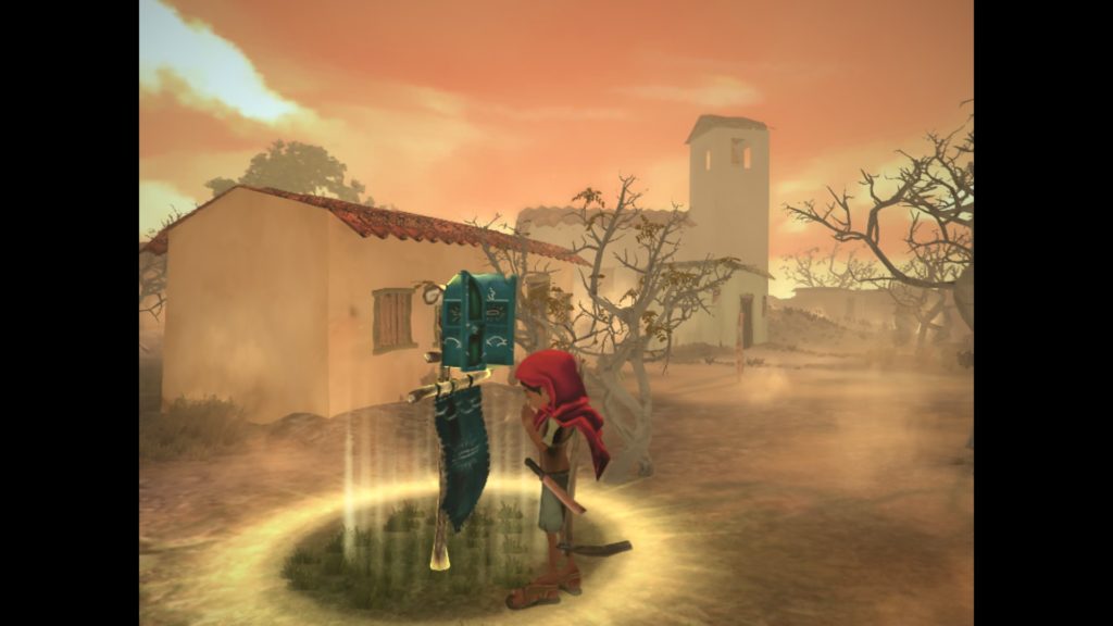 A personagem, de costas para a câmera, coberta por um lenço vermelho, faz uma oração de frente a um pequeno santuário. Um círculo de ativação circunda a personagem, e a paisagem de uma cidade com uma casa e uma igreja à vista compõem o fundo.
