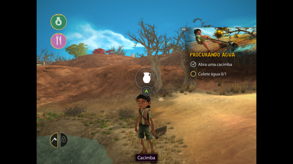 A personagem principal é vista de frente com uma cacimba (uma poça) à sua frente. Ela tem uma enxada em suas costas e uma interface lhe indica que apertar o botão 'A' encherá uma cabaça.