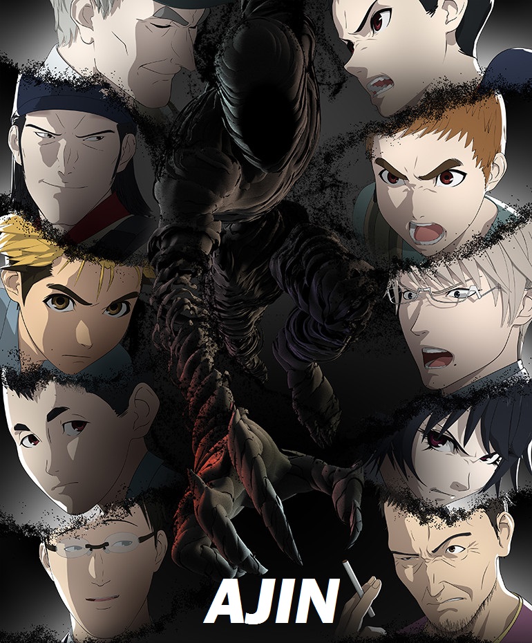 Imagem com os personagens principais de Ajin, e no meio dentre eles, a criatura. Ajin, Maratona de Sofá.