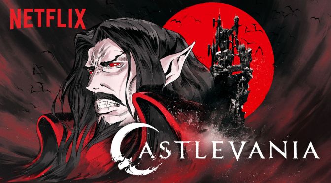 Imagem oficial de Castlevania. Vlad Drácula Tepes em frente a seu castelo, uma lua vermelha e morcegos. Castlevania. Maratona de Sofá.