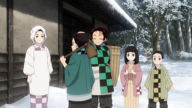 Família Kamado: Mãe e quatro dos seus seis filhos. Todos se despedem de Tanjiro que está indo vender carvão na cidade. Kimetsu No Yaiba, Maratona de Sofá