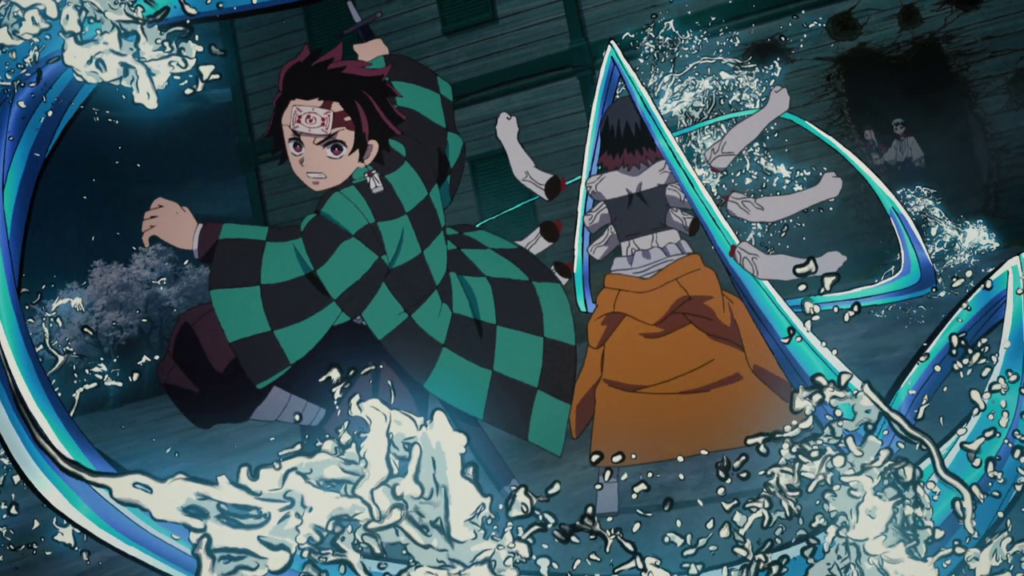 Tanjiro corta os seis braços da sua oponente com a respiração da água. Um efeito de onda segue sua espada por onde ela corte. Kimetsu No Yaiba, Maratona de Sofá