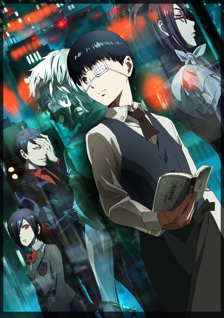 Personagens principais de Tokyou Ghoul. No meio Kaneki vestido em seu uniforme de garçom, segura um livro, do seu lado esquerdo Rize, atrás de Kaneki, seu alter ego Ghoul,  e atrás deles Touka e Shuu.