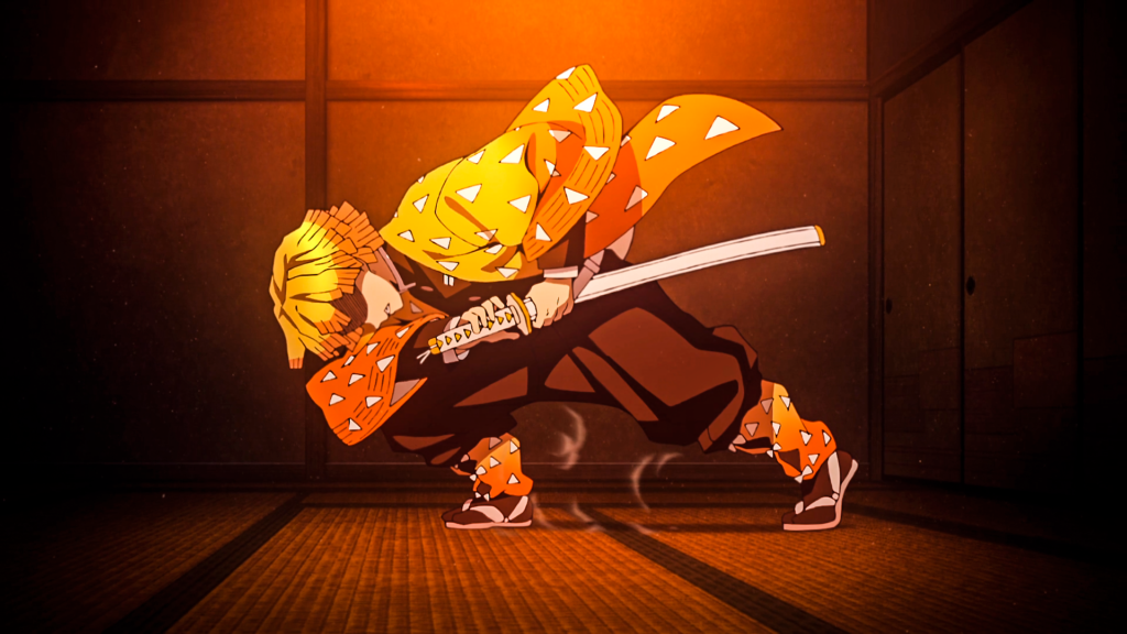 Zenitsu de cabeça baixa, prestes a desembainhar sua espada em posição de ataque, durante um episódio de sonambulismo. Kimetsu No Yaiba, Maratona de Sofá