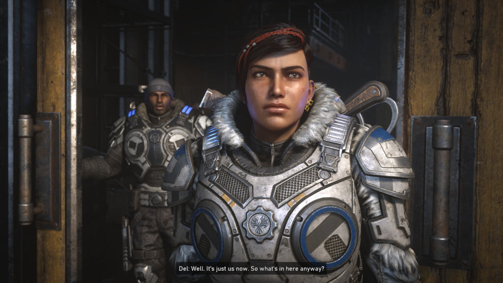 Kait e Del passando por uma porta em Gears 5