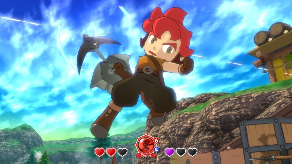 O personagem do jogo salta e o vemos de um contra plongée. O personagem segura sua arma com a mão direita, que brilha com a luz do sol.