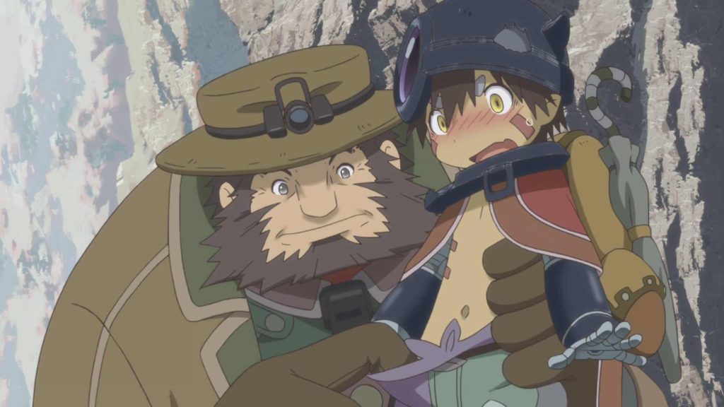 Um escavador segura o Regu e examina seu corpo de robô. Made in Abyss. Maratona de Sofá.