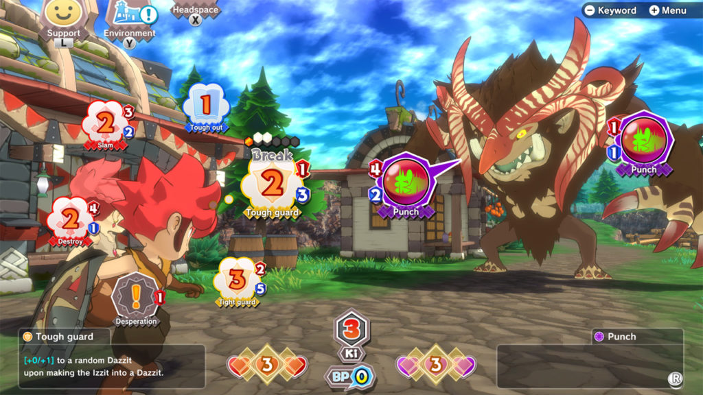 Monstro da primeira batalha do jogo, e cena em que o personagem o encara. O personagem possui 5 ideias disponíveis e o monstro possui dois ataques preparados.