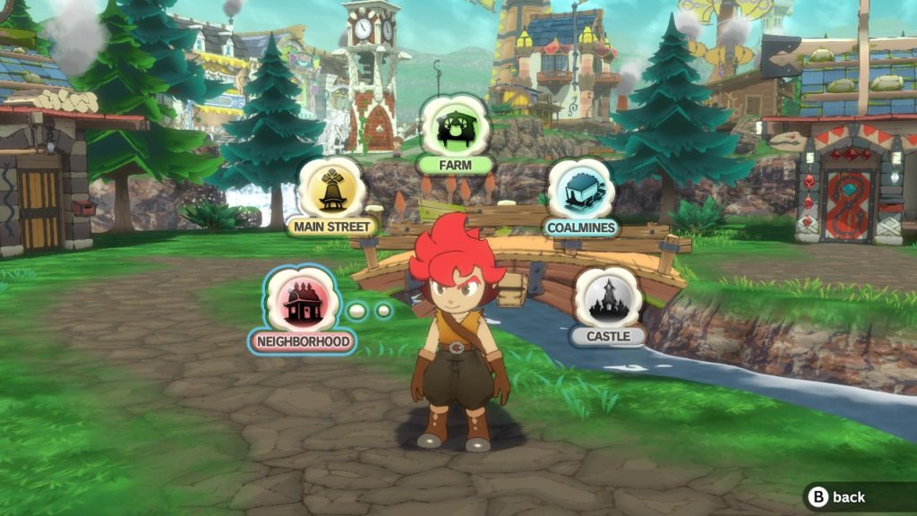 O personagem parado enquanto a interface de menu se apresenta em torno dele, demonstrando os locais pra onde pode ir, listando vizinhança, rua principal, fazenda, minas e castelo