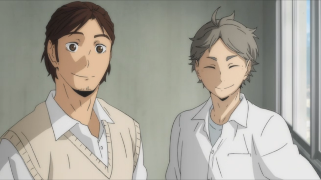 Sugawara e Asahi, levantador e Ace respectivamente. Haikyuu, Maratona de Sofá.