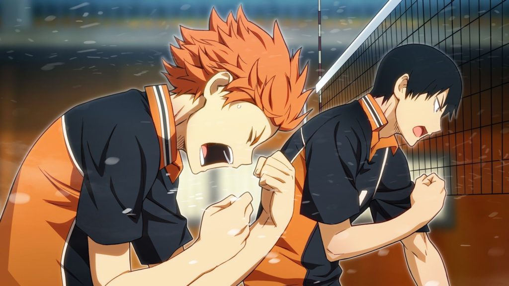 Kageyama e Hinata comemoram um ponto enquanto o suor voa. Haikyuu, Maratona de Sofá.