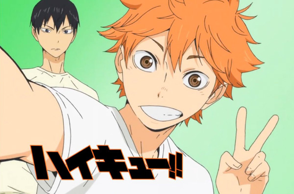 Hinata faz pose para câmera e Kageyama aparece taciturno ao fundo. Haikyuu, Maratona de Sofá.