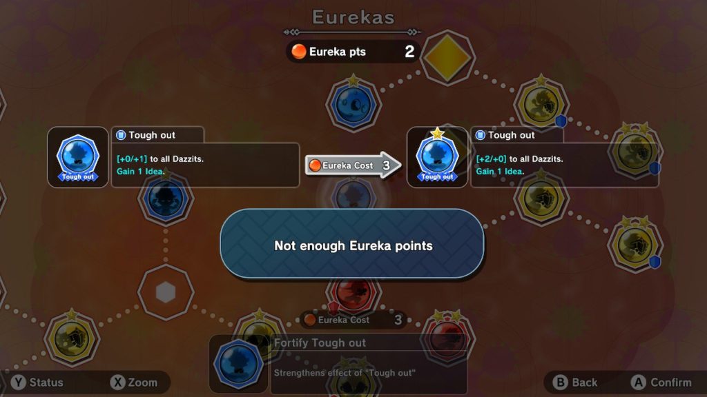 Mapa de upgrades possíveis do jogo, com uma opção destacada (tough out)sendo que não há pontos suficientes para evoluir
