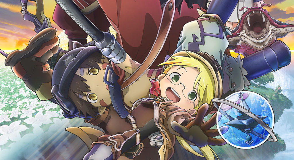 Riko e Regu caindo no abismo, enquanto Riko tenta alcançar a bola que sua mãe lhe deixou e Regu tenta protege-la. Made In Abyss