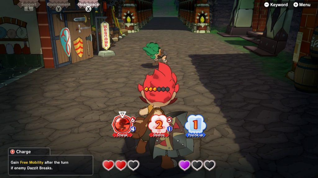 Batalha contra rival em que vemos a arrumação do menu de trás do personagem, embora o funcionamento seja identico. Vemos ao fundo o rival se recuperando.