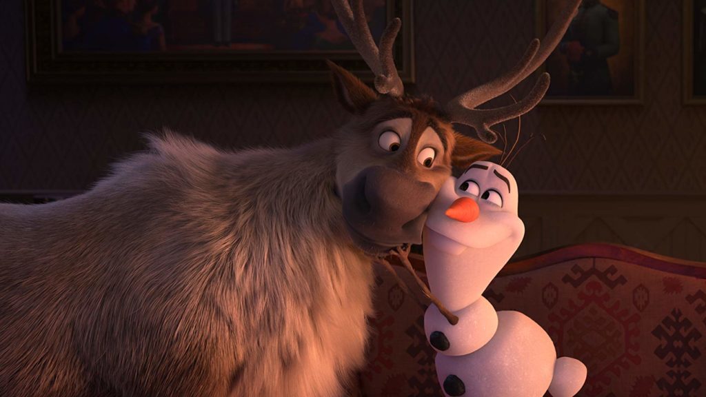 Olaf e Sven se abraçam, sorrindo