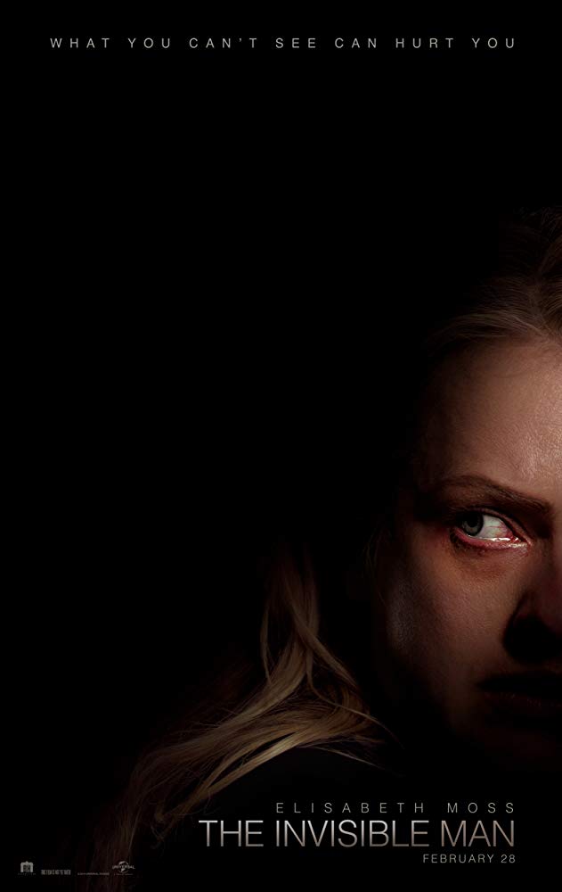 Poster oficial. Ele está todo escuro, e vemos apenas a metade esquerda do rosto da Cecilia (Elisabeth Moss) que está olhando para o lado/atrás.