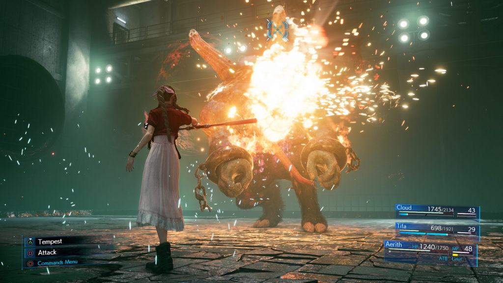 Aerith soltando uma magia enquanto luta contra um dos chefes do jogo
