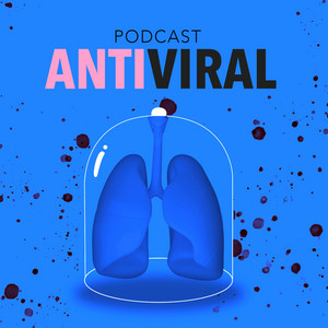 Logo do podcast AntiViral. representa um pulmão estilizado, dentro de uma redoma cilíndrica abobadada de vidro. a imagem é toda azul, com pontos / manchas pretas