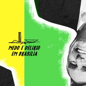 Logo do Medo e Delírio. é um retângulo (mal cortado em formato quadrado) em verde amarelo. Na esquerda, a logo, com um desenho estilizado do palácio do palnalto, logo abaixo escrito "medo e delírio em Brasilia". Nas extremidades, foto de bolsonaro virado para cima, e para baixo, num estilo carta de baralho.